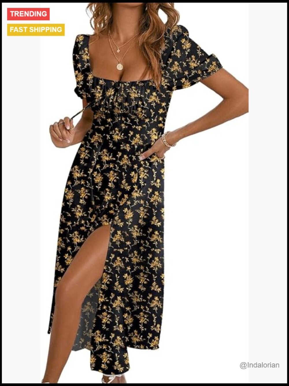 High Waist A-Line Midi Dress with Side Split and Tie Front - Picture 1 of 7